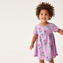 Load image into Gallery viewer, Lilac Short Sleeve Scallop Edge Cotton Jersey Dress (3mths-6yrs)