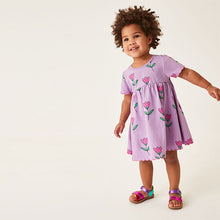 Load image into Gallery viewer, Lilac Short Sleeve Scallop Edge Cotton Jersey Dress (3mths-6yrs)