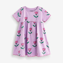 Load image into Gallery viewer, Lilac Short Sleeve Scallop Edge Cotton Jersey Dress (3mths-6yrs)