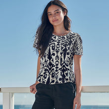 Load image into Gallery viewer, Blue Ikat Crew Neck Cotton Bubblehem Top