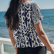 Load image into Gallery viewer, Blue Ikat Crew Neck Cotton Bubblehem Top