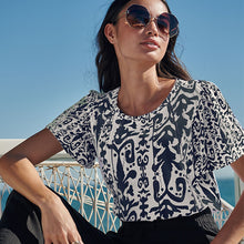 Load image into Gallery viewer, Blue Ikat Crew Neck Cotton Bubblehem Top