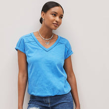 Load image into Gallery viewer, Blue Marl V-Neck Cotton Bubble Hem Top