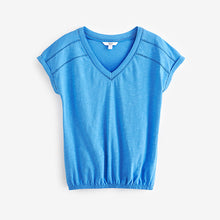 Load image into Gallery viewer, Blue Marl V-Neck Cotton Bubble Hem Top