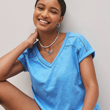 Load image into Gallery viewer, Blue Marl V-Neck Cotton Bubble Hem Top