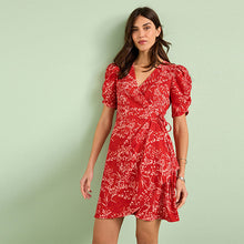 Load image into Gallery viewer, Red Spring Floral Short Sleeve V-Neck Wrap Mini Dress