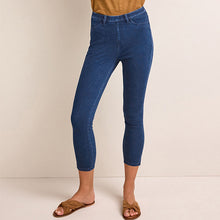 Load image into Gallery viewer, Dark Blue Denim Cropped Denim Jersey Leggings