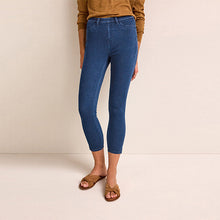 Load image into Gallery viewer, Dark Blue Denim Cropped Denim Jersey Leggings
