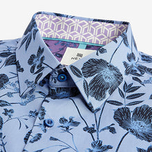 Load image into Gallery viewer, Dark Blue Floral Slim Fit Printed Trimmed Short Sleeve Shirt