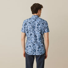 Load image into Gallery viewer, Dark Blue Floral Slim Fit Printed Trimmed Short Sleeve Shirt