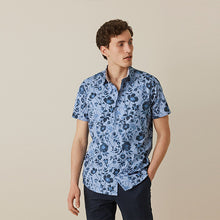Load image into Gallery viewer, Dark Blue Floral Slim Fit Printed Trimmed Short Sleeve Shirt