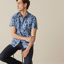 Load image into Gallery viewer, Dark Blue Floral Slim Fit Printed Trimmed Short Sleeve Shirt