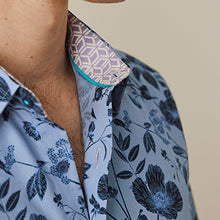 Load image into Gallery viewer, Dark Blue Floral Slim Fit Printed Trimmed Short Sleeve Shirt