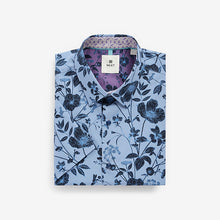 Load image into Gallery viewer, Dark Blue Floral Slim Fit Printed Trimmed Short Sleeve Shirt