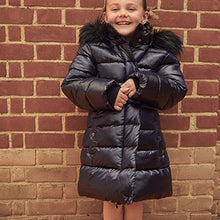 Load image into Gallery viewer, Navy Blue Shower Resistant Faux Fur Trim Padded Coat (3-12yrs)