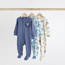 Load image into Gallery viewer, Blue Cotton Baby Sleepsuits 3 Pack (0mths-2yrs)