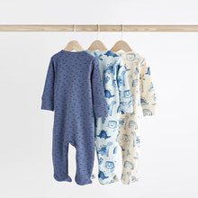 Load image into Gallery viewer, Blue Cotton Baby Sleepsuits 3 Pack (0mths-2yrs)