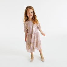 Load image into Gallery viewer, Pink/Gold Foil Sparkle Mesh Short Sleeve Tiered Party Dress (3-12yrs)