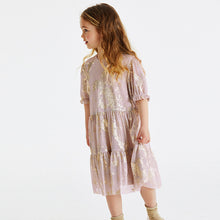 Load image into Gallery viewer, Pink/Gold Foil Sparkle Mesh Short Sleeve Tiered Party Dress (3-12yrs)