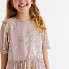 Load image into Gallery viewer, Pink/Gold Foil Sparkle Mesh Short Sleeve Tiered Party Dress (3-12yrs)