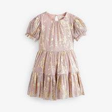 Load image into Gallery viewer, Pink/Gold Foil Sparkle Mesh Short Sleeve Tiered Party Dress (3-12yrs)