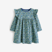 Load image into Gallery viewer, Blue Ditsy Long Sleeve Jersey Dress (3mths-6yrs)