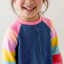 Load image into Gallery viewer, Bright Rainbow Stripe Raglan Denim Dress (3mths-6yrs)