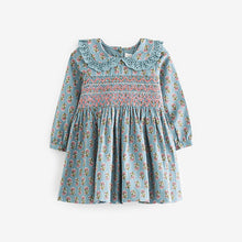 Load image into Gallery viewer, Teal Blue Printed Shirred Collar Dress (3mths-6yrs)