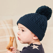 Load image into Gallery viewer, Navy Blue Cable Baby Knitted Pom Hat (0mths-18mths)