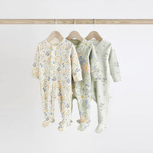 Load image into Gallery viewer, Mint Green Cotton Baby Zip Sleepsuits 3 Pack (0-18mths)