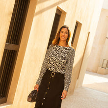 Load image into Gallery viewer, Black/White Geometric Long Sleeve Crew Neck Cuff Blouse