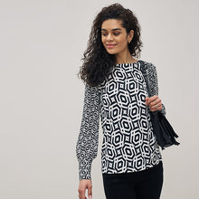 Load image into Gallery viewer, Black/White Geometric Long Sleeve Crew Neck Cuff Blouse