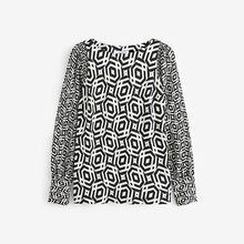 Load image into Gallery viewer, Black/White Geometric Long Sleeve Crew Neck Cuff Blouse