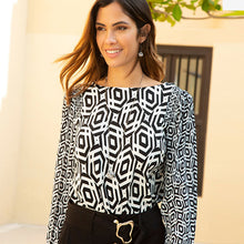 Load image into Gallery viewer, Black/White Geometric Long Sleeve Crew Neck Cuff Blouse