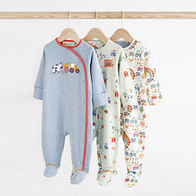 Load image into Gallery viewer, Blue Cotton Baby Sleepsuits 3 Pack (0mths-2yrs)