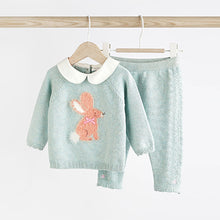Load image into Gallery viewer, Teal Blue Baby Knitted Collar Jumper & Leggings Set (0mths-18mths)