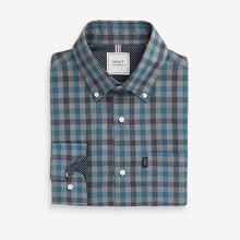Load image into Gallery viewer, Grey/Blue Gingham Regular Fit Easy Iron Long Sleeve Single Cuff Oxford Shirt With Button Down Collar