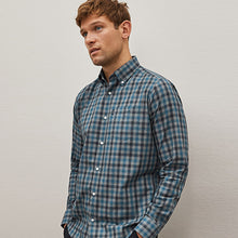 Load image into Gallery viewer, Grey/Blue Gingham Regular Fit Easy Iron Long Sleeve Single Cuff Oxford Shirt With Button Down Collar