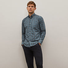 Load image into Gallery viewer, Grey/Blue Gingham Regular Fit Easy Iron Long Sleeve Single Cuff Oxford Shirt With Button Down Collar