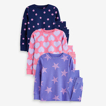 Load image into Gallery viewer, Pink/Purple Heart, Spot And Star Pyjamas 3 Pack (12mths-8yrs)