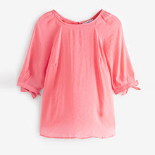 Load image into Gallery viewer, Coral Pink Volume Tie Sleeve Crew Neck Blouse