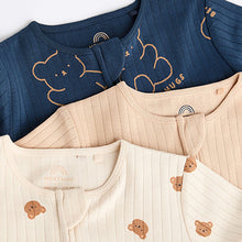 Load image into Gallery viewer, Navy/Tan Bear Baby Footless Zipped 100% Cotton Sleepsuits 3 Pack (0mths-2yrs)