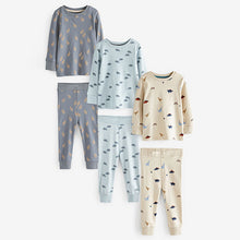 Load image into Gallery viewer, Blue Dinosaur Print 100% Cotton Long Sleeve 3 Pack Pyjamas Set (9mths-6yrs)