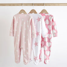 Load image into Gallery viewer, Pink/White Two Way Zip 100% Cotton Baby Sleepsuits 3 Pack