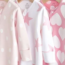 Load image into Gallery viewer, Pink/White Two Way Zip 100% Cotton Baby Sleepsuits 3 Pack