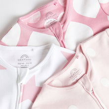 Load image into Gallery viewer, Pink/White Two Way Zip 100% Cotton Baby Sleepsuits 3 Pack
