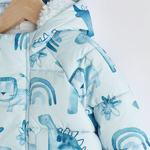 Load image into Gallery viewer, Blue Dinosaur Hooded Baby Puffer Jacket (0mths-18mths)