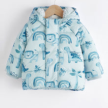 Load image into Gallery viewer, Blue Dinosaur Hooded Baby Puffer Jacket (0mths-18mths)
