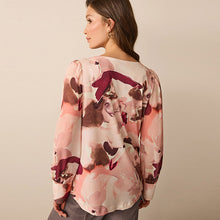 Load image into Gallery viewer, Pink Smudge Long Sleeve Crew Neck Cuff Blouse