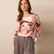 Load image into Gallery viewer, Pink Smudge Long Sleeve Crew Neck Cuff Blouse